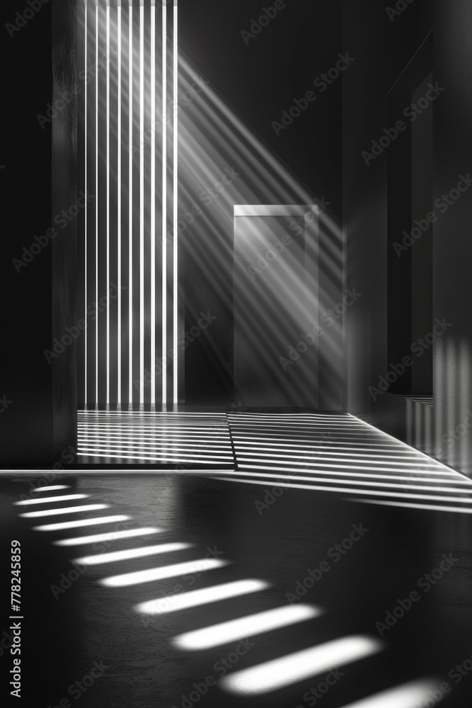 A black and white black of an empty hallway using only lines and light for background A black and white black of an empty hallway using only lines and light for background