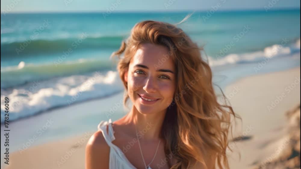 Beachside Bliss: Serene Young Woman Smiling. A joyous young woman smiles serenely against a sunny beach backdrop Beachside Bliss: Serene Young Woman Smiling. A joyous young woman smiles serenely against a sunny beach backdrop