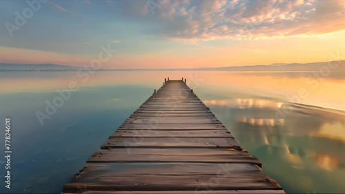 Sunrise Serenity on the Pier. A tranquil dawn scene with a wooden pier reaching into serene waters under a soft morning sky photo
