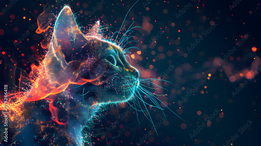 A cute cat made of glowing particles in the style of digital art A cute cat made of glowing particles in the style of digital art