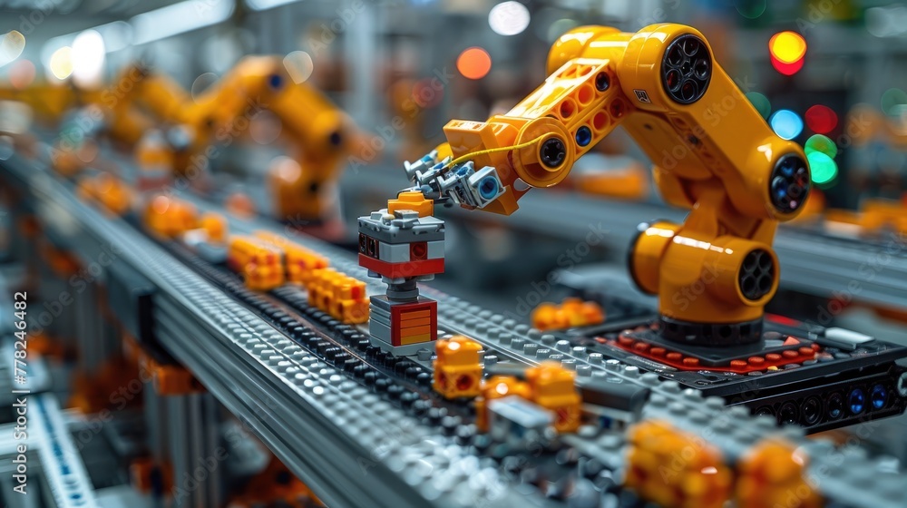 Automated robotic arms assembling toy blocks in a factory, playful colors Automated robotic arms assembling toy blocks in a factory, playful colors