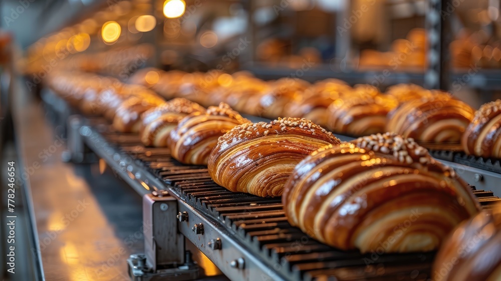 Close-up of conveyor belts transporting freshly baked pastries in a bakery factory, mouth-watering treats
