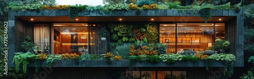 Close-up of a green wall system installed on the facade of a sustainable building, showcasing a variety of plant species and textures photo