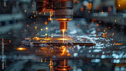 Close-up of a water jet cutter slicing through a thick piece of metal, water spray and metal particles in the air