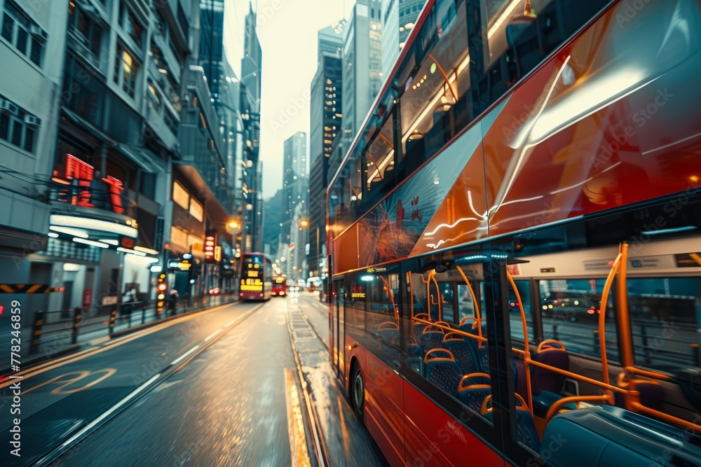 A double decker bus is navigating through a city street, showcasing its iconic charm and presence as it moves along the urban environment