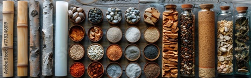 Collage of various sustainable building materials such as bamboo, cork, and recycled glass, arranged in an artistic pattern