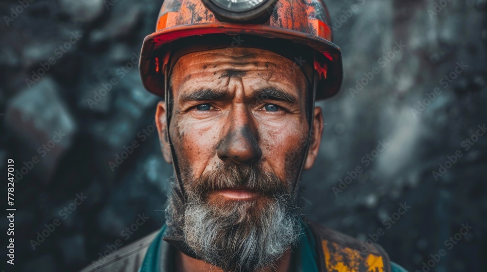 A portrait of a man with a beard wearing a hard hat, showing focus and determination A portrait of a man with a beard wearing a hard hat, showing focus and determination