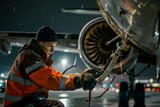 A man in an orange jacket on the tarmac performing maintenance work on an airplane