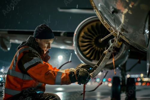 A man in an orange jacket on the tarmac performing maintenance work on an airplane photo
