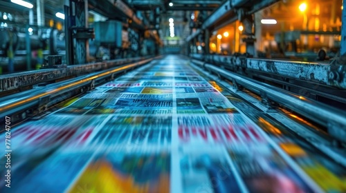 Conveyor belt transporting freshly printed newspapers in a printing press, fast-paced production photo