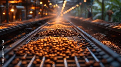 Conveyor belt transporting freshly brewed coffee in a coffee bean processing plant, aromatic steam