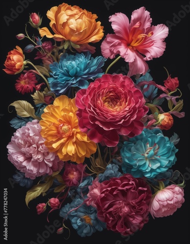 explosion of vivid flowers blooms boldly against a dark  mysterious background  creating a striking visual contrast