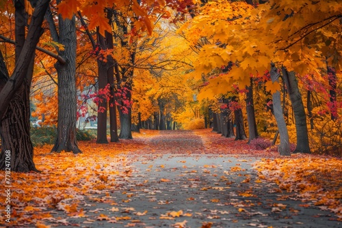 A road surrounded by trees covered in vibrant fall leaves, creating a colorful canopy overhead