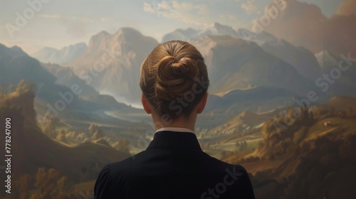 A woman stands in a gallery, looking at a classical painting depicting mountains