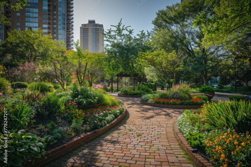A brick path winding through a park filled with lush trees and vibrant flowers