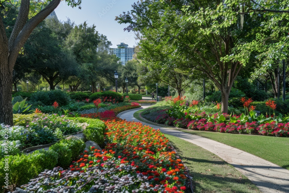 Park filled with vibrant flowers and lush trees in a designated botanical district within the city