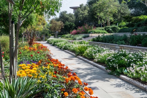 A garden within a botanical district showcases a variety of blooming flowers in different colors and shapes