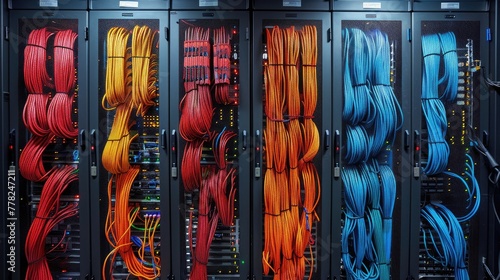Detailed image of computer server rack cable management, organized chaos