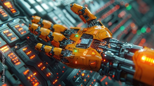 Detail of robot hand holding microchip  futuristic background with digital grid
