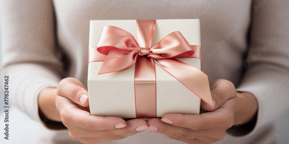Female hands with festive minimalistic manicure tie a bow on a white gift box сreated with Generative Ai Female hands with festive minimalistic manicure tie a bow on a white gift box сreated with Generative Ai