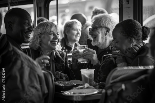 Diverse group of passengers sitting on a bus, engaged in conversation, eating, and drinking