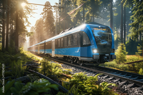 Modern Blue German Train Journey Through Summer Forest