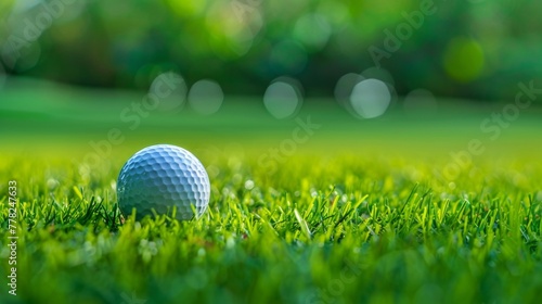 A golf ball rests on top of vibrant green grass in a lush field