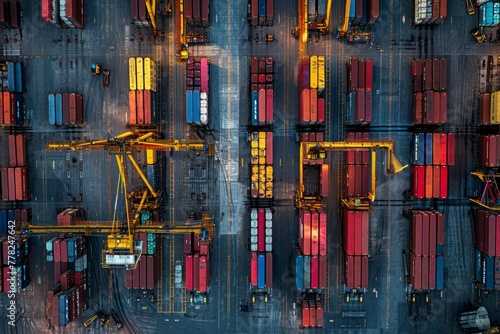 Organized rows of cargo containers and cranes in a storage yard