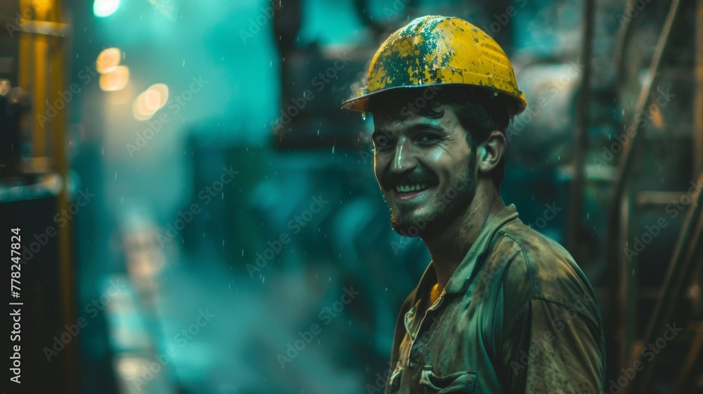 A man in a hard hat smiling in an industrial setting A man in a hard hat smiling in an industrial setting