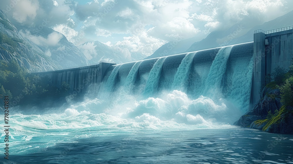 Minimalist design of a hydroelectric dam with rushing water, blue and grey color palette Minimalist design of a hydroelectric dam with rushing water, blue and grey color palette