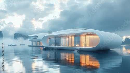 Minimalist design of a tidal lagoon power plant, with turbines submerged in calm waters