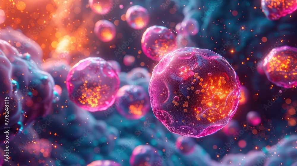 Nano particles interacting with human cells in a biological environment, colorful and dynamic image composition Nano particles interacting with human cells in a biological environment, colorful and dynamic image composition
