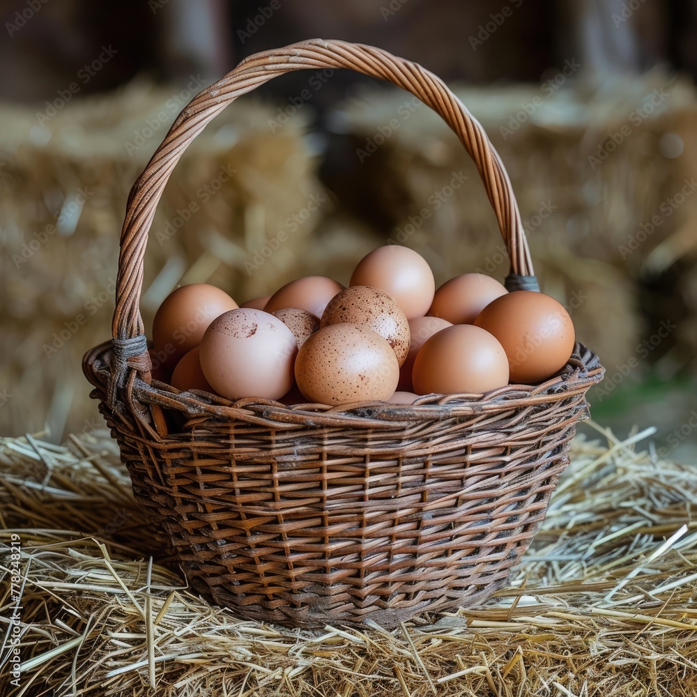 a wicker basket filled with eggs sitting on hay bales a wicker basket filled with eggs sitting on hay bales