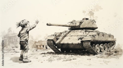 A curious young boy pointing excitedly at a military tank on the bustling city streets