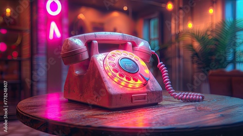 Retro telephone with neon lights, communication technology concept