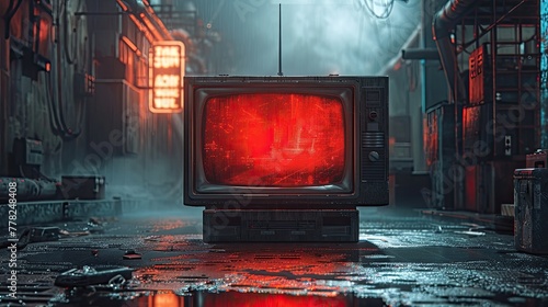 Retro TV with static screen and digital glitch effect, vintage technology concept photo