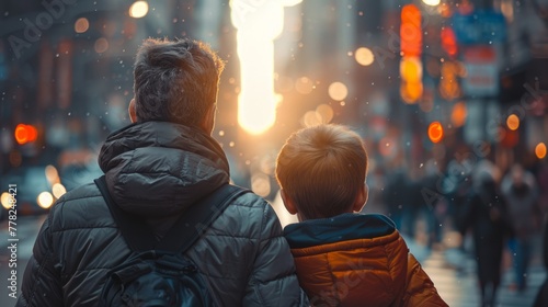 Back view of father and son in winter clothes at city background photo