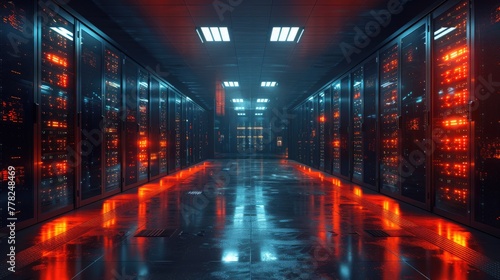 server farm with rows of powerful machines, industrial look and feel