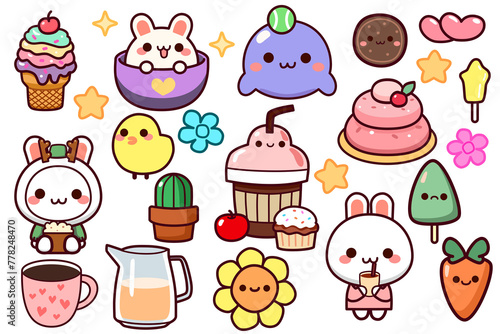 Set of cute kawaii emoticon rabbit ice cream coffee dessert star flower cookie drinks cactus stickers