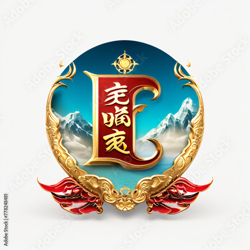 Golden emblem with the image of the chinese dragon and mountains.