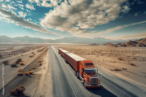 An Australian road train transports logistics cargo in desert AI Generative photo