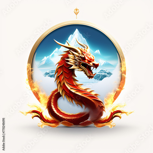 Dragon in the circle with mountains on the background. Vector illustration.