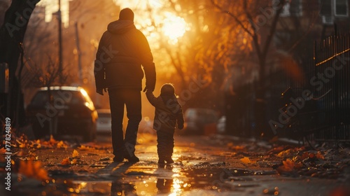 Back view of father and son walking in autumn forest at sunset.