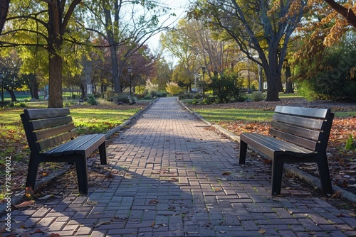 Two benches placed on top of a brick walkway, creating a simple and functional seating area