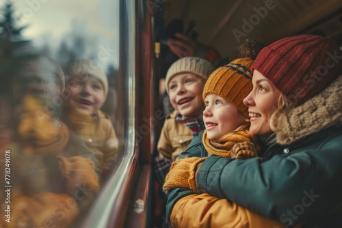 A diverse group of people, including children, looking out of a window with curiosity and excitement during a train journey