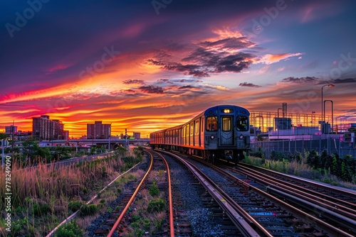 A train moves along railroad tracks beneath a vibrant, colorful sky during the evening, creating a dynamic and captivating scene