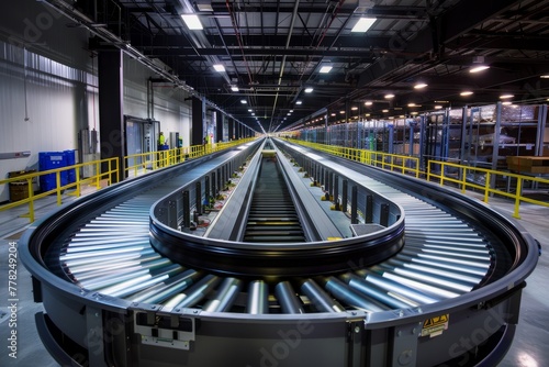 A cutting-edge conveyor belt system in a vast warehouse, showcasing modern technology and innovation in logistics