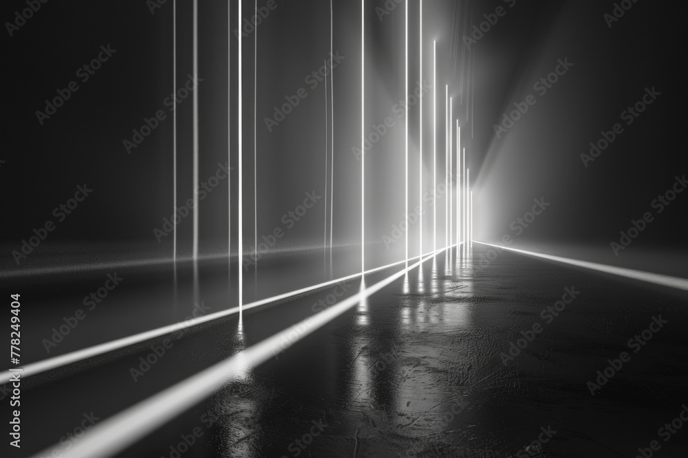 A black and white black of an empty room with only vertical lines and lights for background
