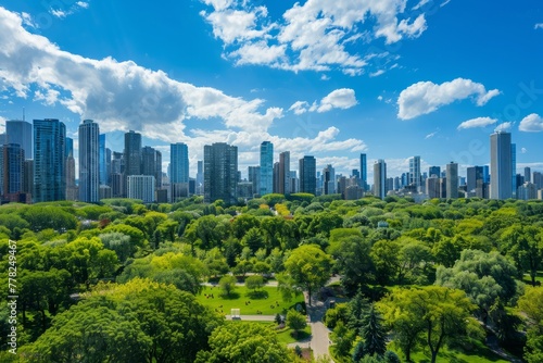 A panoramic shot of the city skyline taken from a park, showcasing urban buildings against a green backdrop