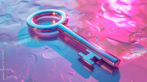 Metallic Y2K key with holographic 3D effect, radiant colors, clean background, entry to millennium secrets, 3D render